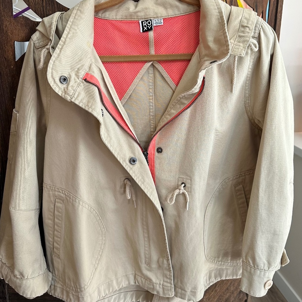 ROXY Juniors XL Khaki Tan Drawstring Waist Detachable Hood Jacket